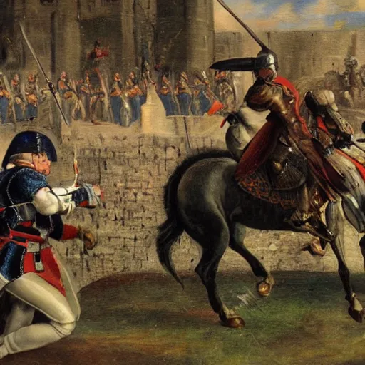 Prompt: a medieval knight charging napoleonic soldiers