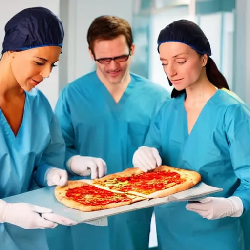 Prompt: surgeons operating on a slice of pizza