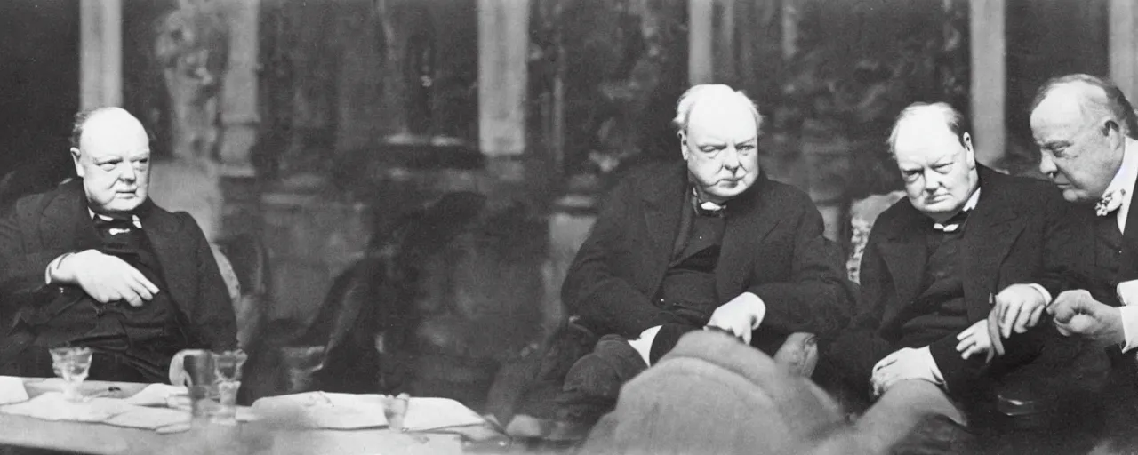 Prompt: vintage photo of Winston Churchill talking to Napoleon Bonaparte