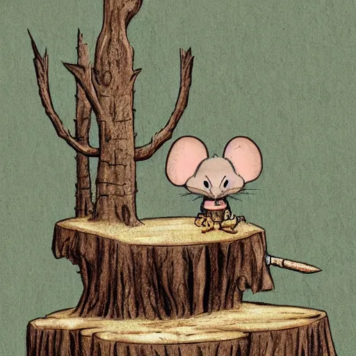 Prompt: a mouse with a sword sits on a stump, deep forest, mouse in clothes, by rivuletpaper, rivuletpaper art, MouseGuard by David Petersen, mouse photo, small details, realistic illustration,