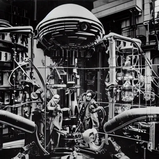 Prompt: scientists discovering an alien war machine inside a lab, 1 9 2 0's sci - fi, black and white, 8 k, highly ornate intricate details, extreme detail,