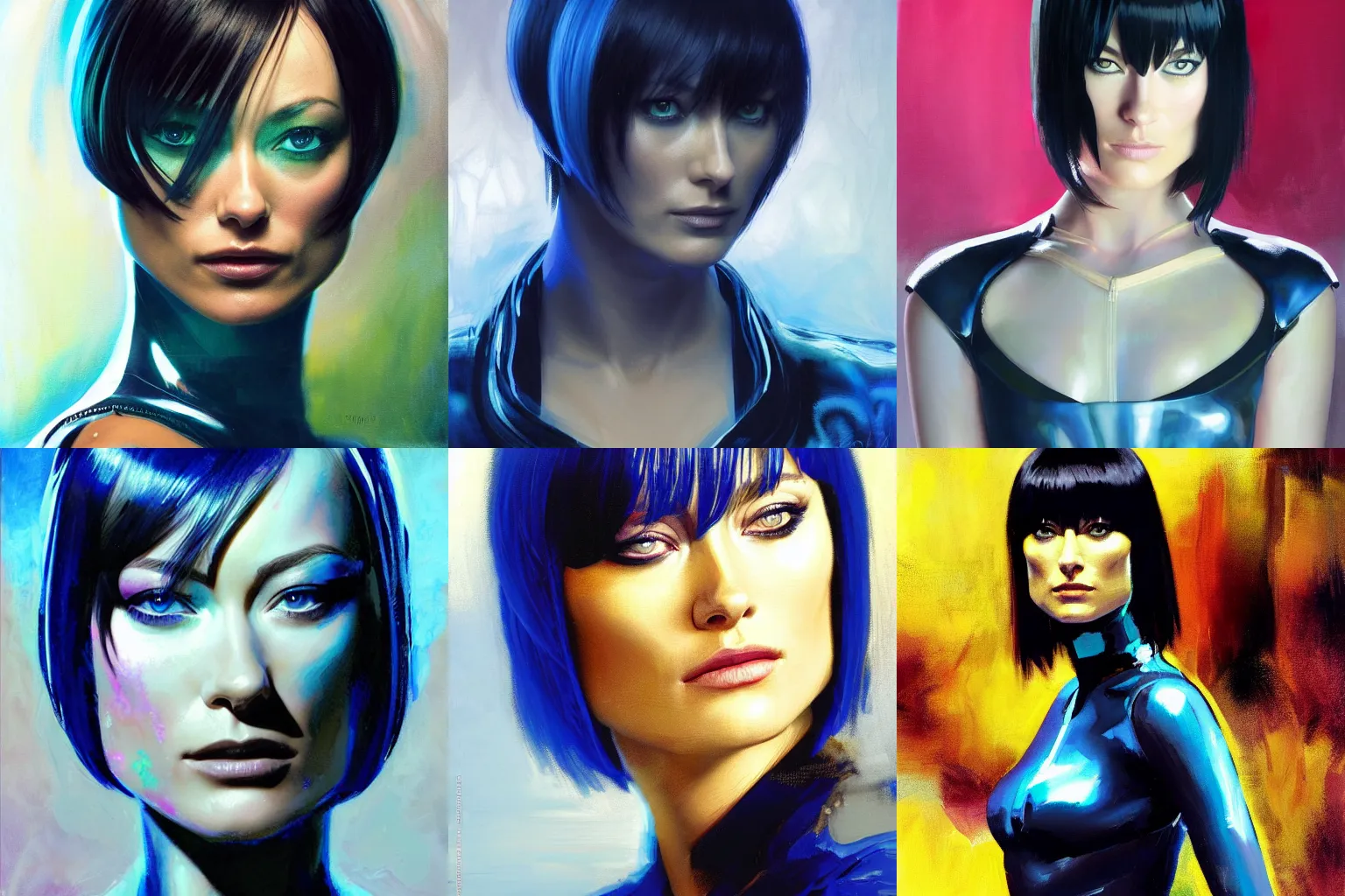 Prompt: portrait of olivia wilde as quorra on white background, medium length black bob cut hair with bangs, tron legacy setting, close - up, intricate details, mysterious feeling, epic pose, action shot, atmospheric, muddy colors, blue filter, broad brush strokes by gregory manchess and ilya kuvshinov, oil on canvas, 8 k