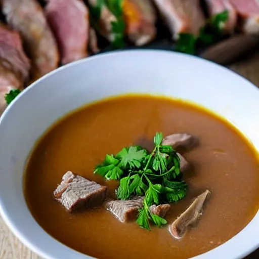 Prompt: a photo of a soup full of beef pork and chicken, with a thick delicious roux with thick stock and huge chunks of freshly cooked meats, everything looks delicious and amazing for a coup that is essentially just meats and herbs with butter