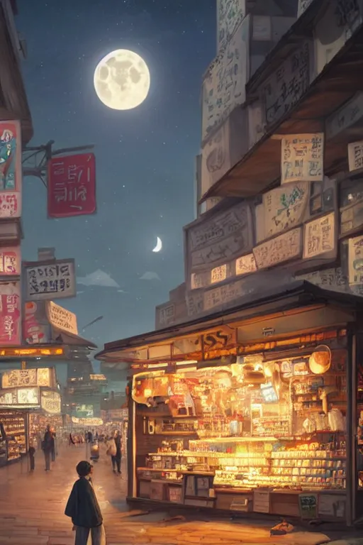 Image similar to a highly detailed matte painting of a single market stall with a sign under the moon and stars by studio ghibli, makoto shinkai, by artgerm, by wlop, by greg rutkowski, volumetric lighting, octane render, 4 k resolution, trending on artstation, masterpiece