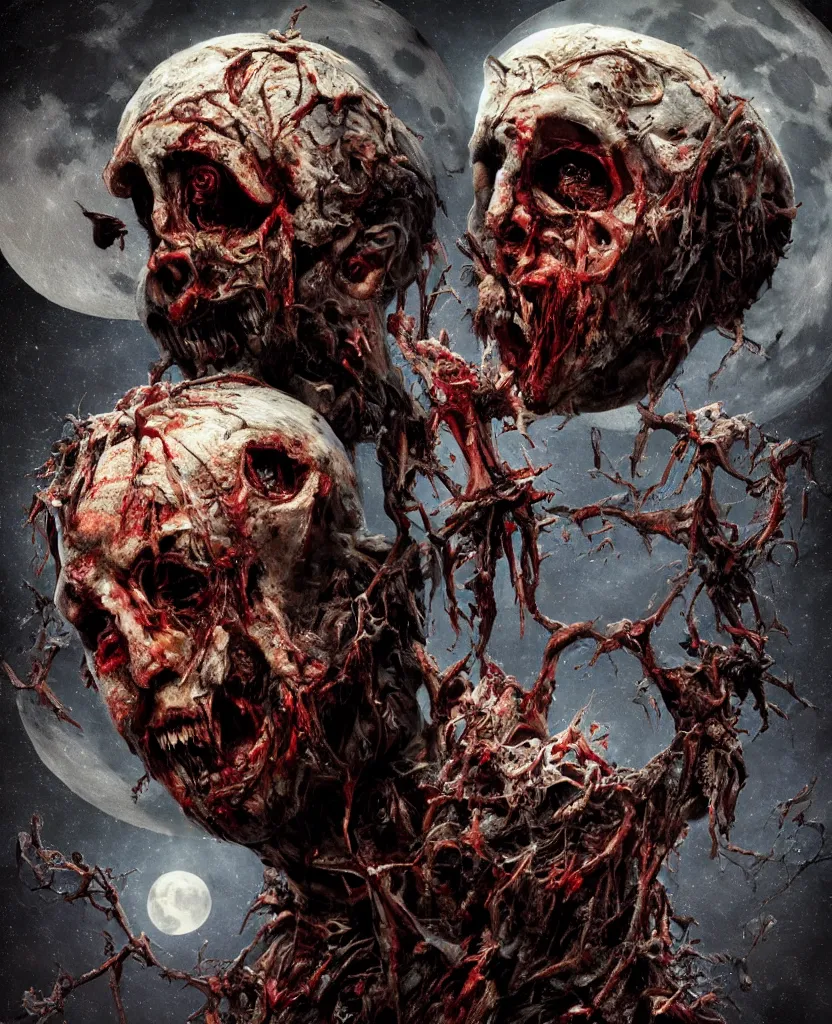 Image similar to moon sphere made from thousands of rotten demonic bloody corpses of Nicolas Cage, body horror, flesh, blood, grotesque hell, highly detailed, vivid colors, dark shadows, contrast, concept art, sharp focus, digital art, Hyper-realistic, 4K, Unreal Engine, Highly Detailed, Dramatic Lighting, Beautiful, by Brom, bastien lecouffe-deharme