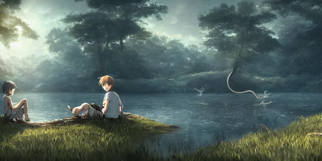 Image similar to a silver dragon and a boy sitting next to lake in forest, many fireflys, at night, concept art, dof, cryengine, digital art, detailed background, makoto shinkai