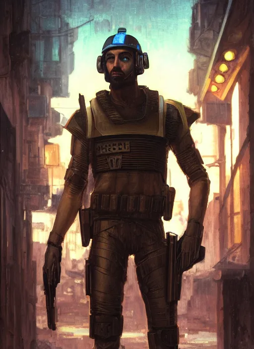 Image similar to saladin. cyberpunk police trooper in a military vest ( blade runner 2 0 4 9, cyberpunk 2 0 7 7 ). orientalist portrait by john william waterhouse and james gurney and theodore ralli and nasreddine dinet, oil on canvas. cinematic, hyper realism, realistic proportions, dramatic lighting, high detail 4 k