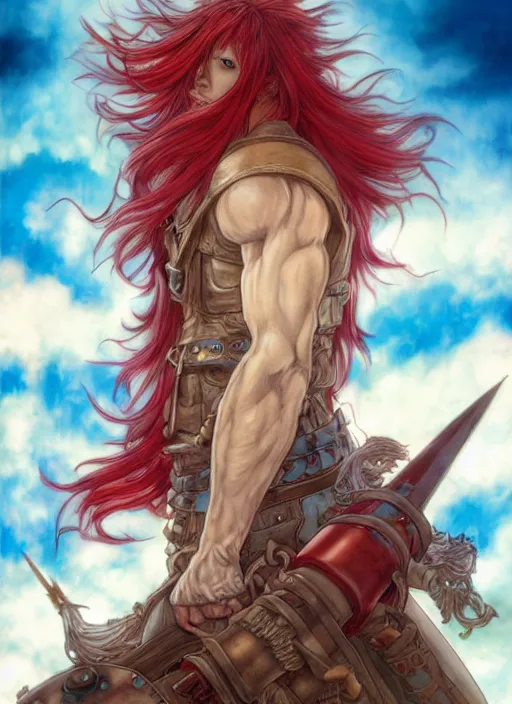 Image similar to prompt : ragnarok online portrait soft light painted by james jean and katsuhiro otomo and erik jones, inspired by akira anime, epic fantasy, a long haired, red headed male sky - pirate in front of an sky - ship, intricate oil painting, high detail illustration, sharp high detail, manga and anime 1 9 9 9