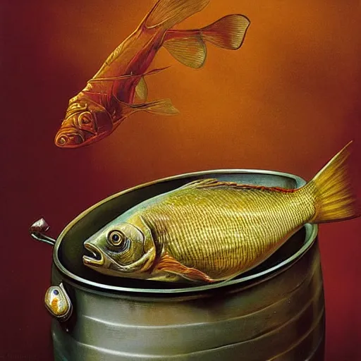 Image similar to a fish on the top of a pile of fish, inside a cooking pot, side view, by vladimir kush, dystopian aer, rococo