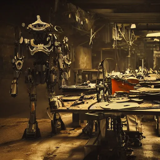 Image similar to cutlery mecha, dark messy smoke - filled cluttered workshop, dark, dramatic lighting, orange tint, cinematic, highly detailed, sci - fi, futuristic, movie still