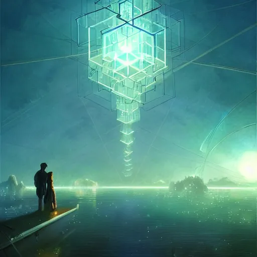 Image similar to beautiful glowing cubes all interconnected to each other with tubes, atmospheric lighting, intricate, volumetric lighting, beautiful, sharp focus, ultra detailed, in the art style of bowater, charlie, brom, gerald, lake baikal in the background, astrophotography