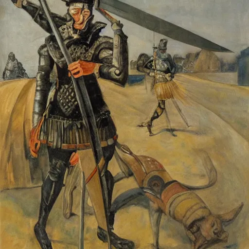 Prompt: Robert Habeck Holding a large lance, painting by Otto Dix