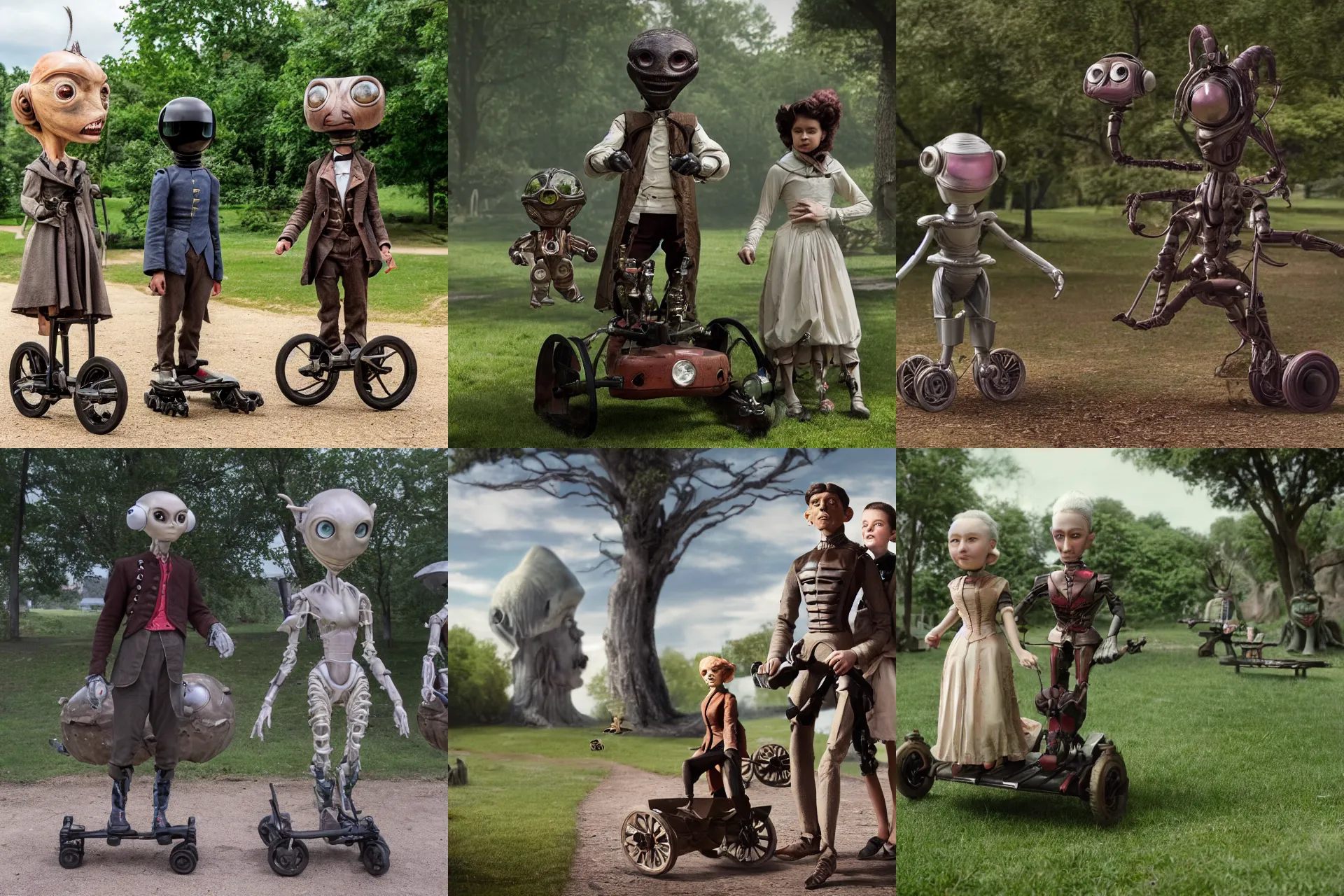 Prompt: detailed, sharp, a boy and a girl, riding their hover bikes with their pet humanoid alien, wearing 1860s era clothes, in a park on an alien planet, extremely highly detailed, hyperrealistic, highly detailed faces, 70 mm still from a period sci fi movie, 4k