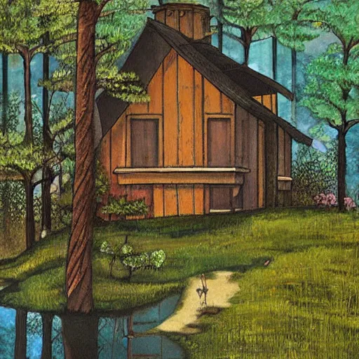 Prompt: a beautiful painting of house in forest,by Miyazaki Hayao