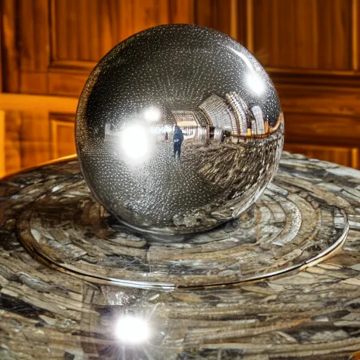 Prompt: shiny reflective mirror sphere laying on a stone table, high detail, complex