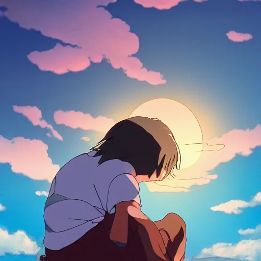 Prompt: Friendly boy, sunset sky, made by Studio Ghibli, accent lighting, highly detailed art, beautiful scene, sharp focus, smooth, 8k, anime art