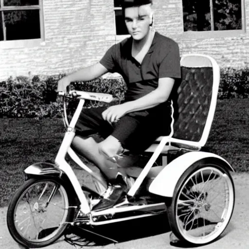Prompt: promo photograph of Elvis Presley riding a tricycle in a short dress, summer 1957, colorized