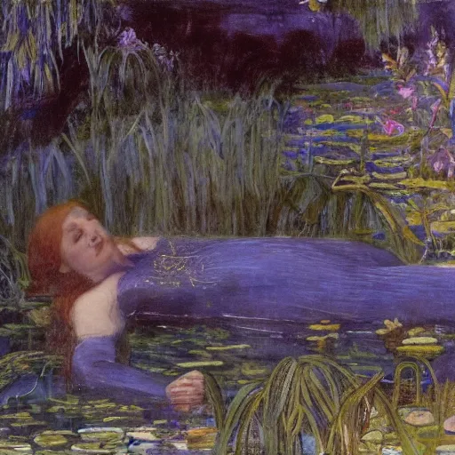 Image similar to Elizabeth Siddal swims in a lake with blue water lilies, Pre-Raphaelite style, highly detailed, sharp focus