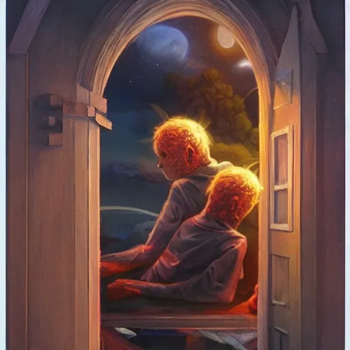 Prompt: and many others, including myself and my older brother, Sam, will be ablecanon of michael whelan, trending on artstation, vivid and vivid a boy looks outside his bedroom window to see the beautiful cosmos, trending