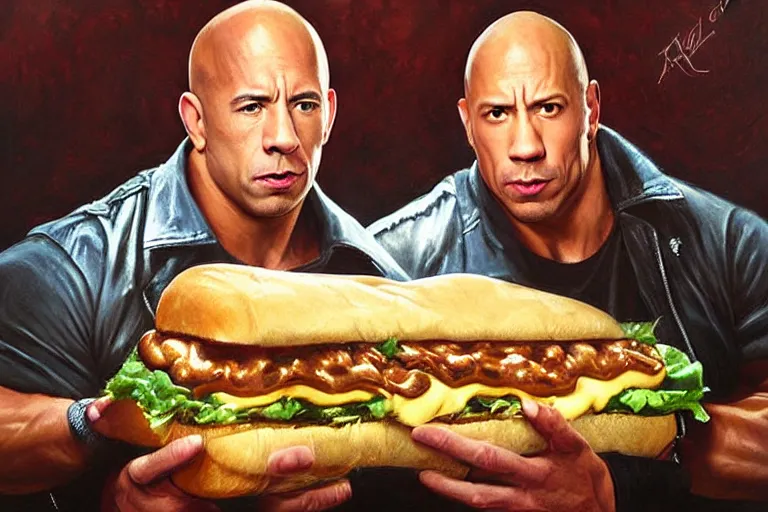 Image similar to portrait of vin diesel and dwayne the rock johnson sharing a footlong sub sandwich, an oil painting by ross tran and thomas kincade