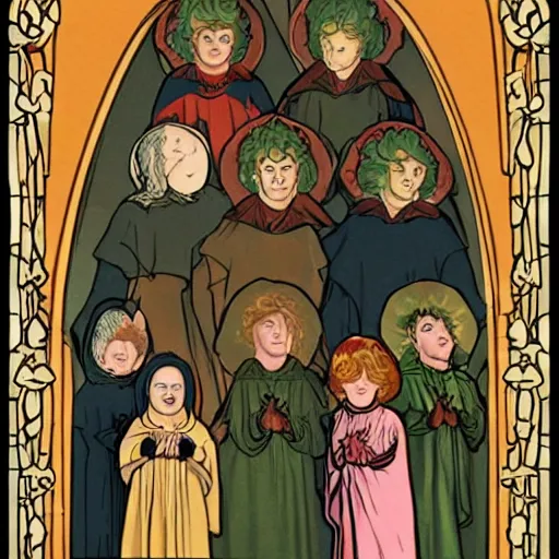 Prompt: seven hobbits in catholic religious garb with halos, background of poison apples, art nouveau