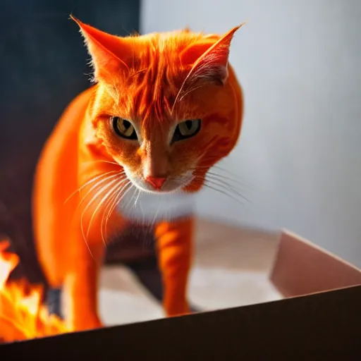 Prompt: an orange cat looking into a box ~ box is on fire ~ fire ~ high - resolution photo ~