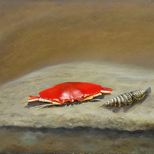 Image similar to red crab holding a sardine on a beach, oil on canvas, extremely detailed,