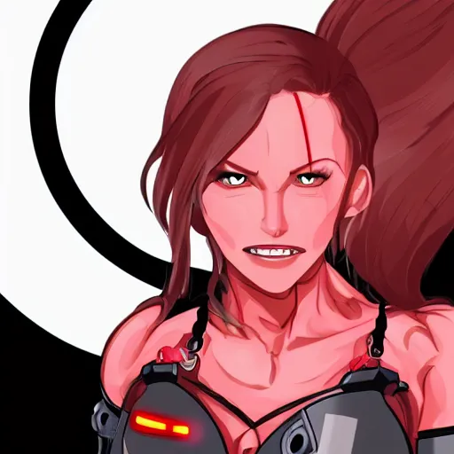 Image similar to a muscular female cyborg ( 8 0 % machine, 2 0 % human ) with glowing red eyes and an evil smile, recharging herself, sci - fi themed, pixiv, vector art