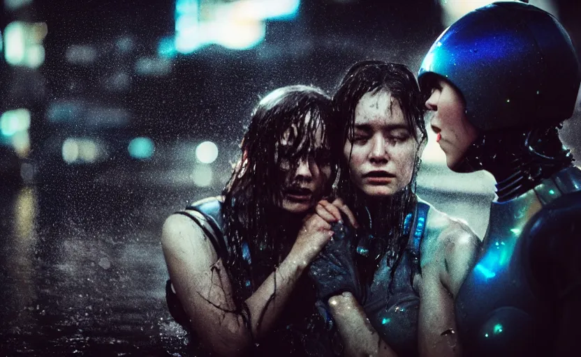 Image similar to cinestill 5 0 d candid photographic portrait by steven spielberg of two loving female androids sobbing wearing rugged black mesh techwear in treacherous waters, flooded city, medium closeup, retrofuturism cyberpunk moody emotional cinematic, pouring iridescent rain bright spotlight helicopter, 8 k, hd, high resolution, 3 5 mm, f / 3 2, ultra realistic faces, ex machina