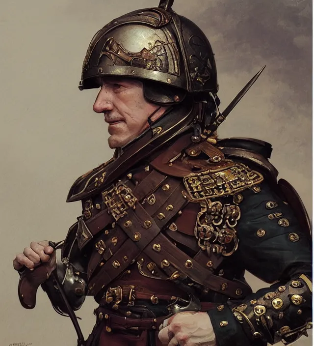 Image similar to portrait of an scottish man wearing a traditional nineteenth century scottish empire military uniform, metal shoulder pauldrons, intricate, highly detailed, digital painting, artstation, concept art, sharp focus, cinematic lighting, illustration, art by artgerm and greg rutkowski, alphonse mucha, cgsociety