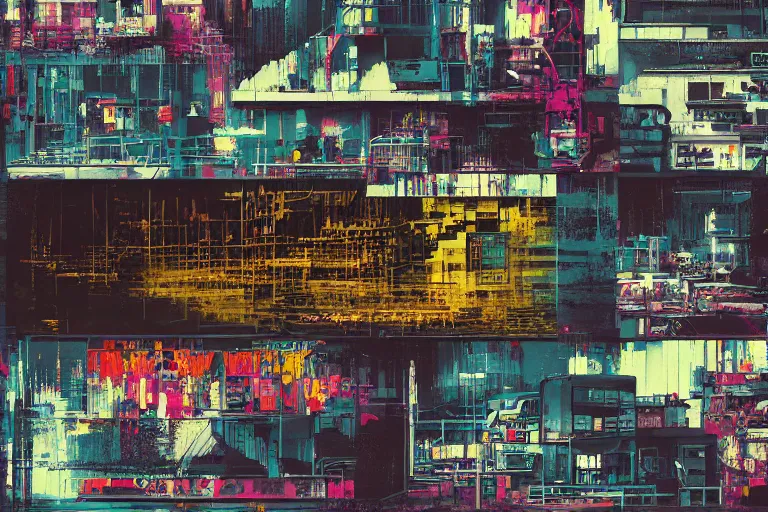 Image similar to architecture collage by atelier olschinsky, cyberpunk, (high contrast), ((oversaturated)), grafitti paint