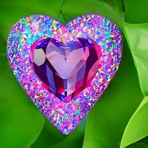 Prompt: crystal heart, love heart made of crystals, shiny, bright, rainbow