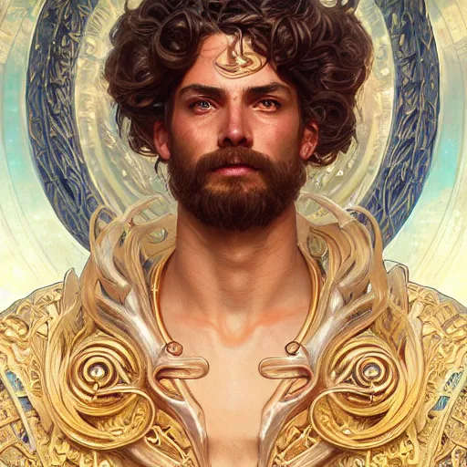 Image similar to portrait Poseidon god of sea, sci-fi, fantasy, intricate, very very beautiful, elegant, highly detailed, digital painting, artstation, concept art, smooth, sharp focus, illustration, art by artgerm and greg rutkowski and alphonse mucha