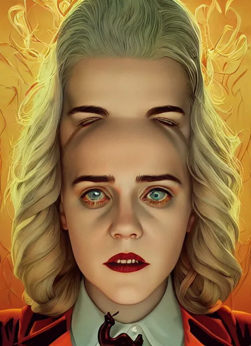 Image similar to poster artwork by Michael Whelan and Tomer Hanuka, Karol Bak of Kiernan Shipka dressed as satanist, from scene from Twin Peaks, clean