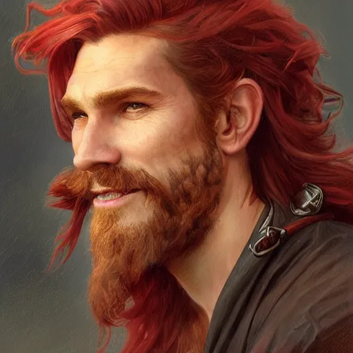 Image similar to portrait of a young ruggedly handsome but joyful pirate, male, masculine, upper body, crimson hair, long hair, d & d, fantasy, smirk, intricate, elegant, highly detailed, digital painting, artstation, concept art, matte, sharp focus, illustration, art by artgerm and greg rutkowski and alphonse mucha