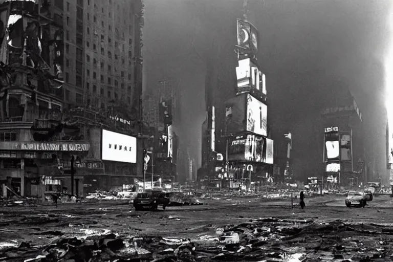 Image similar to dark photo of an destroyed times square after a nuclear attack, thunderstorm, gloomy, colorful, desolate