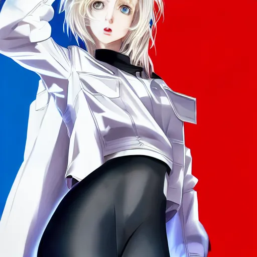 Image similar to platinum - blonde - haired long bob cut blue - eyed princess wearing white leggings and black jacket, standing next to communist monument, communist city, dictatorship of the proletariat, anime, hd anime wallpaper, hyperrealistic lighting, volumetric lighting, drawn by artgerm