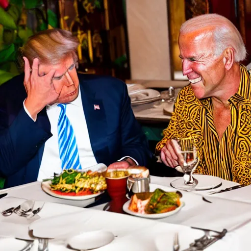 Image similar to Trump and Biden having dinner at a fancy Balinese restaurant, award winning photography, 85mm, perfect faces