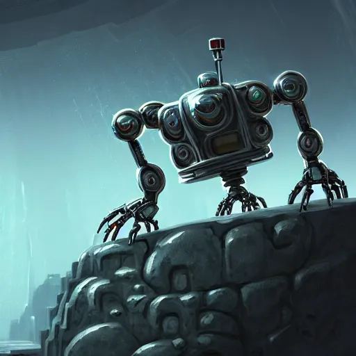 Prompt: a tarnished chrome drilling robot with six legs that has a semisphere for a head, caves of qud, matte oil painting, retrofuturistic, concept art, science fantasy, rpg, epic, sharp focus, dungeons & dragons, award - winning, extremely detailed, 4 k, 8 k