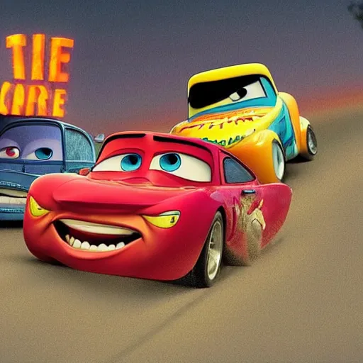 Image similar to incredible artwork from the pixar movie cars as a horror movie
