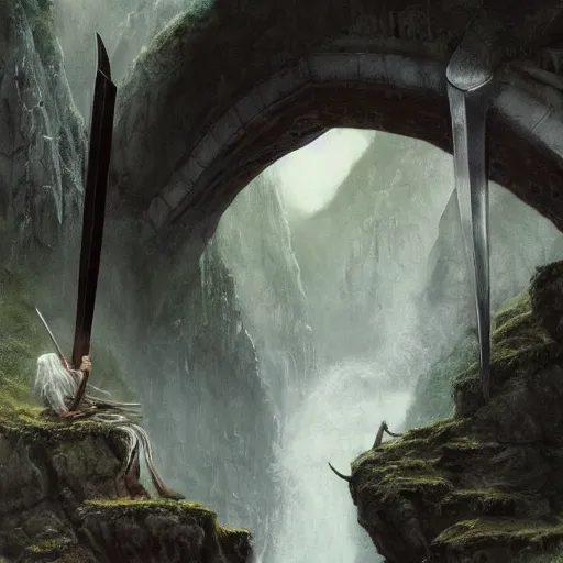 Image similar to beautiful gandalf with a sword in his hand on a bridge fighting the balrog, by alan lee, lord of the rings, smooth, detailed terrain, oil painting, matte painting, concept art, trending on artstation