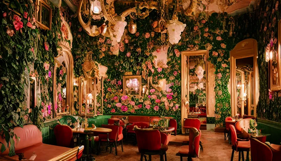 Prompt: Dreamy photo of a very cozy cafe that is transforming into a surreal castle with emple details, lush plants and flowers, in the style of Gucci, photographed by Petra Collins and Wes Anderson, glowing lights, magic details, very detailed, 8k, trending on artstation, very detailed