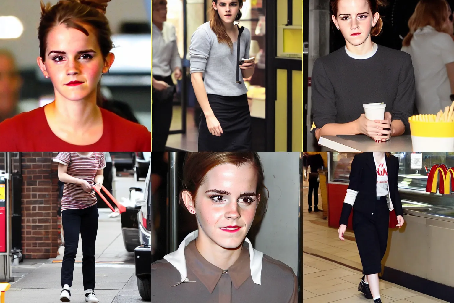 Prompt: a medium shot of Emma Watson working at McDonald's, annoyed facial expression, flash photography