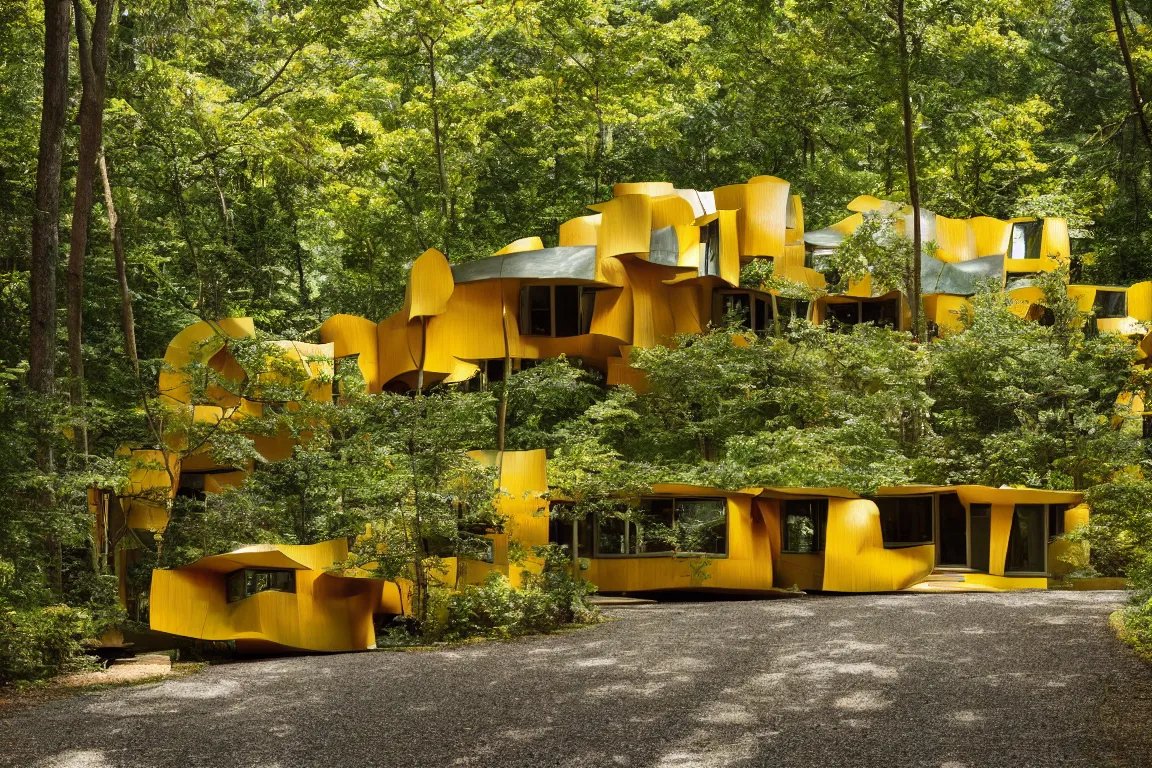 Image similar to a mid century modern house in a forest, designed by Frank Gehry. Tiles. Small gravel driveway . Film grain, cinematic, yellow hue