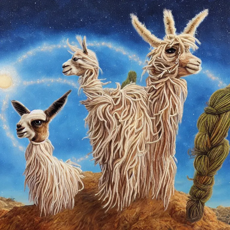 Prompt: highly detailed oil painting of a llama with dreadlocks in a scenic desert with starfall in the night sky, hyperrealistic Illustration