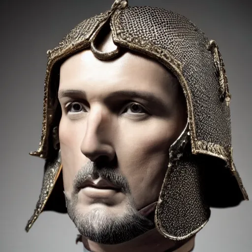 Image similar to richard iv the roman king photo, real human, soft studio lighting, 6 0 mm lens in full armor, cashmere hairs