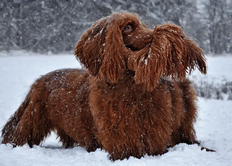 Image similar to Giant woolly dachshund with tusks, in the middle of a snow storm