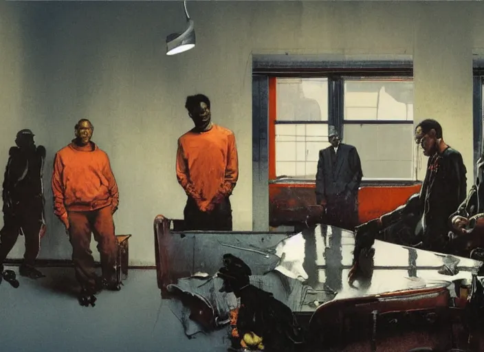 Prompt: a still from the tv series the wire by francis bacon and norman rockwell and james jean and mark brooks, triadic color scheme, by greg rutkowski, syd mead and edward hopper and norman rockwell and beksinski, dark surrealism, orange and turquoise