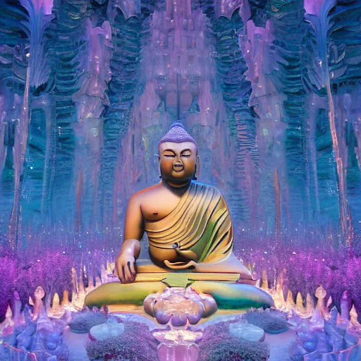 Image similar to budha sculpture made of crystal and shiny fine ice, shiny ornaments, bioluminescence, vegetation, colorful, rim light, highly detailed, tilt shift, digital painting, concept art, smooth, sharp focus, pleasing aesthetics, josan gonzalez, michael dante dimartino, simon stalenhag, octane render, disney pixar, 4 k