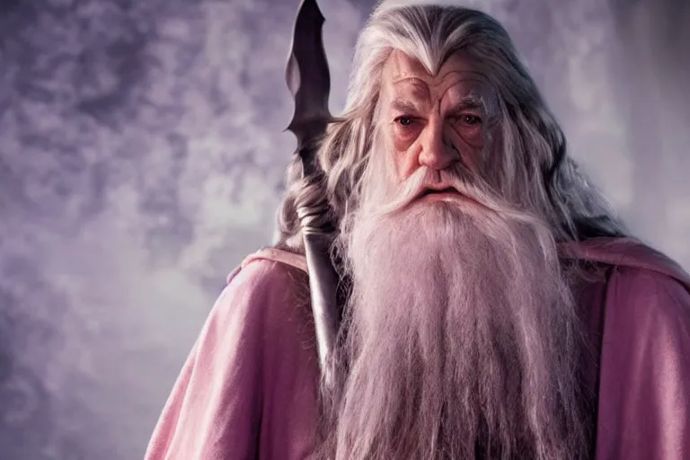 Prompt: short scruffy-looking Gandalf wearing pink Hello kitty costume meets tall regular Gandalf the white, dramatic lighting, movie still from Lord of the Rings, cinematic